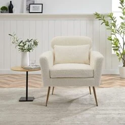 Mikibama Mid Century Modern Accent Chair Upholstered Reading Chair Armchair With Metal Legs And Throw Pillow Side Chair For Living Room Bedroom Office (Ivory,Teddy Fabric) -Songmics Furniture Shop 512yrciz6iL. AC