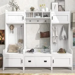 Merax Hall Tree, Modern Style 4-in-1 Multiple Functions Hallway Coat Rack With Seven Metal Black Hooks, Entryway Bench Hall Tree With Ample Storage Drawer, White