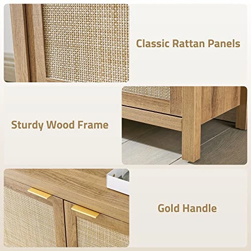 SICOTAS Sideboard Buffet Rattan Storage Cabinet - Farmhouse Kitchen Cabinet With Rattan Decorated Doors - Boho Accent Liquor Coffee Bar Cabinet - Cupboard Console Table For Dining Room Bar - Natural 2 SICOTAS Sideboard Buffet Rattan Storage Cabinet - Farmhouse Kitchen Cabinet With Rattan Decorated Doors - Boho Accent Liquor Coffee Bar Cabinet - Cupboard Console Table For Dining Room Bar - Natural - Image 2