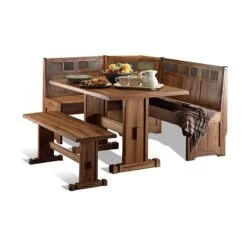 Pemberly Row Farmhouse Wood Kitchen Corner Breakfast Dining Nook Set With Hidden Storage In Rustic Oak