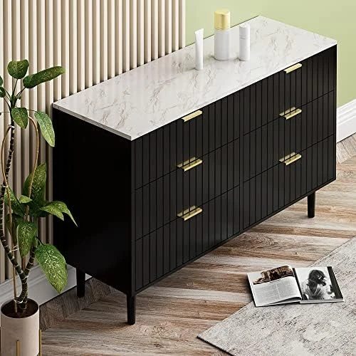 ANBUY Black 6 Drawer Double Dresser For Bedroom, Dual Chest Of Drawers Modern Dresser For Bedroom With Gold Handles Imitation Marble Texture (Black) 8 ANBUY Black 6 Drawer Double Dresser For Bedroom, Dual Chest Of Drawers Modern Dresser For Bedroom With Gold Handles Imitation Marble Texture (Black) - Image 8