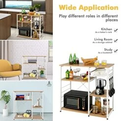 Giantex Kitchen Baker’s Rack Industrial Style Microwave Oven Stand With Wire Basket, 6 Hooks, 3 Storage Shelves, Standing Coffee Bar Table Metal Frame (Natural & White) -Songmics Furniture Shop 5136aBgPaUL