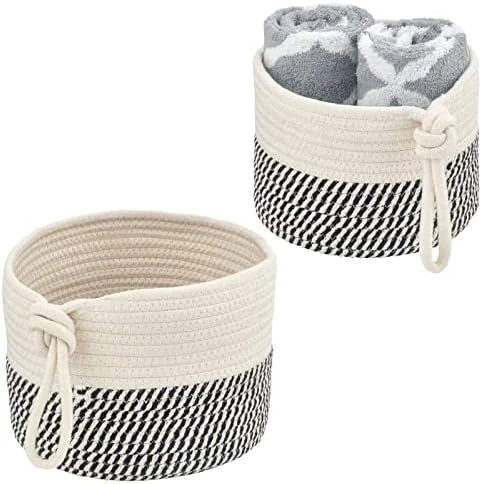 MDesign Casual Round Woven Cotton Rope Bathroom Basket With Tie Handles - Storage Organizer Set For Countertop, Floor, Closet Or Vanity, Holds Toilet Paper, Towels, Or Magazines, Set Of 2, White/Brown 7 MDesign Casual Round Woven Cotton Rope Bathroom Basket With Tie Handles - Storage Organizer Set For Countertop, Floor, Closet Or Vanity, Holds Toilet Paper, Towels, Or Magazines, Set Of 2, White/Brown - Image 7