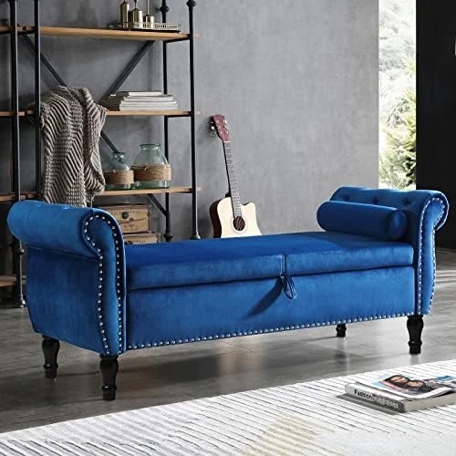 LUCKHAO Storage Bench For Bedroom End Of Bed, 63" Long Velvet Tufted Upholstered Storage Ottoman Bench For Bedroom, Rolled Arm Nailhead Trim With Pillow(Grey) 7 LUCKHAO Storage Bench For Bedroom End Of Bed, 63" Long Velvet Tufted Upholstered Storage Ottoman Bench For Bedroom, Rolled Arm Nailhead Trim With Pillow(Grey) - Image 7