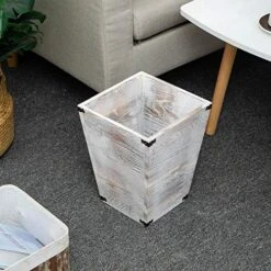 Liry Products Rustic Whitewashed Torched Wood Square Waste Basket Recycle Bin Trash Can Decorative Metal Brackets Whitewashed Wooden Garbage Container Ash Holder Bedroom Living Room Home Office -Songmics Furniture Shop 513BKlCsLbL