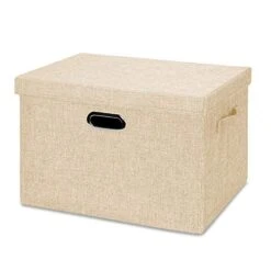 Foldable Storage Bins With Lid, Linen Fabric Storage Box, Clothes Toy Organizer Boxes, Cubes Basket Containers For Shelf Cabinet Bookcase (Beige, Medium(15x10x10inch))
