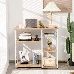 Giantex Kitchen Baker’s Rack Industrial Style Microwave Oven Stand With Wire Basket, 6 Hooks, 3 Storage Shelves, Standing Coffee Bar Table Metal Frame (Natural & White) -Songmics Furniture Shop 513ENNlNE2L