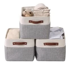 DECOMOMO Storage Bins | Fabric Storage Basket For Shelves For Organizing Closet Shelf Nursery Toy | Decorative Large Linen Closet Organizer Bins With Handles (Grey And White, Large - 3 Pack)