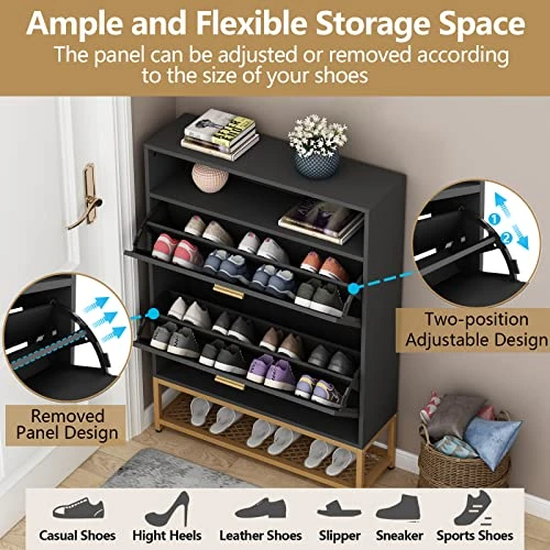 Loomie Shoe Cabinet, Free Standing Tipping Bucket Shoe Rack Organizer With 2 Flip Drawers,Entryway Narrow Shoe Storage With Storage Shelf & Top Cubby,Modern Slim Hidden Shoe Cabinet With Doors (Black) 5 Loomie Shoe Cabinet, Free Standing Tipping Bucket Shoe Rack Organizer With 2 Flip Drawers,Entryway Narrow Shoe Storage With Storage Shelf & Top Cubby,Modern Slim Hidden Shoe Cabinet With Doors (Black) - Image 5
