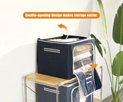 Furnhome Clothes Storage Organizer Bins Containers , Foldable Stackable Storage Bins-Oxford Cloth Steel Frame Storage Box For Clothing Storage With Foldable Clear Window & Reinforced Handles (Navy Dots, 66L, 3PCS)… -Songmics Furniture Shop 513FkHC88GL