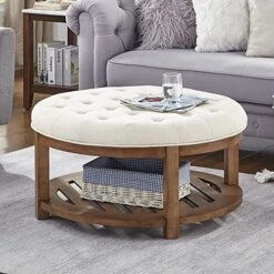 24KF Large Round Upholstered Tufted Linen Ottoman Coffee Table, Large Footrest Ottoman With Wood Shelf Storage- Navy Blue -Songmics Furniture Shop 513JIFu 9pL. AC