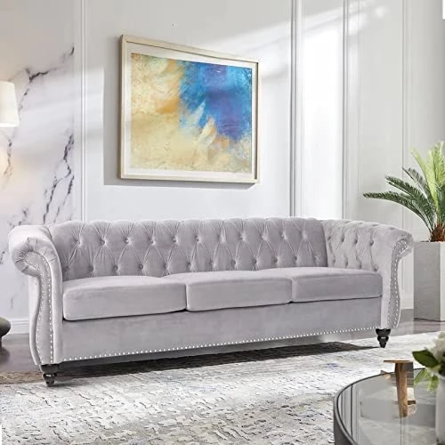 NOSGA Modern Contemporary Sofa Couch With Deep Button Tufting Dutch Velvet, Solid Wood Frame And Wood Legs (Gray) 1 NOSGA Modern Contemporary Sofa Couch With Deep Button Tufting Dutch Velvet, Solid Wood Frame And Wood Legs (Gray)