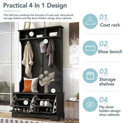 70.8 Inch Hall Tree,Entryway Bench With Coat Rack,Coat Tree With 3 Top Shelves And 2 Flip Shoe Rack Cabinets, Wood Hallway Organizer With Metal Hanging Hooks For Hallway, Living Room, Mudroom,Black -Songmics Furniture Shop 513aigdrbxL