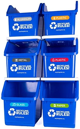 Recycling Rules 6 Gallon Stackable Recycling Bin Container In Blue, Eco-Friendly BPA-Free Handy Recycler With Handle, 6-Pack With Stickers 1 Recycling Rules 6 Gallon Stackable Recycling Bin Container In Blue, Eco-Friendly BPA-Free Handy Recycler With Handle, 6-Pack With Stickers