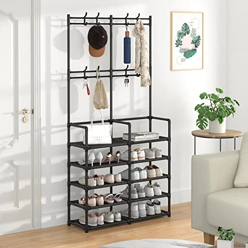 Laiensia 5-Tier Entryway Coat Rack, Coat And Shoe Rack, Entryway Bench Storage Organizer With 8 Hooks For Bedroom, Hallway, Office, Black 1 Laiensia 5-Tier Entryway Coat Rack, Coat And Shoe Rack, Entryway Bench Storage Organizer With 8 Hooks For Bedroom, Hallway, Office, Black
