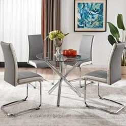 Round Dining Table With Tempered Glass Top - Modern Glass Dining Table Tea Coffee Table Office Kitchen Table Dining Room Table With Chrome Legs, 35.4 Diameter -Songmics Furniture Shop 513foLbNghL. AC