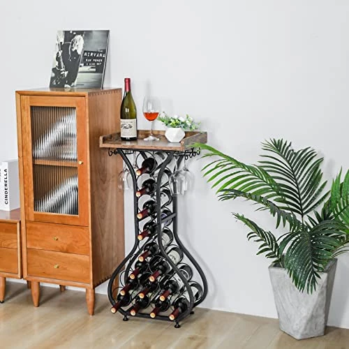X-cosrack 14 Bottles Wine Rack Freestanding Floor Wine Storage Table Wine Holder Stand With Glass Holder Adjustable Feet Wood Top 35.4" H 3 X-cosrack 14 Bottles Wine Rack Freestanding Floor Wine Storage Table Wine Holder Stand With Glass Holder Adjustable Feet Wood Top 35.4" H - Image 3
