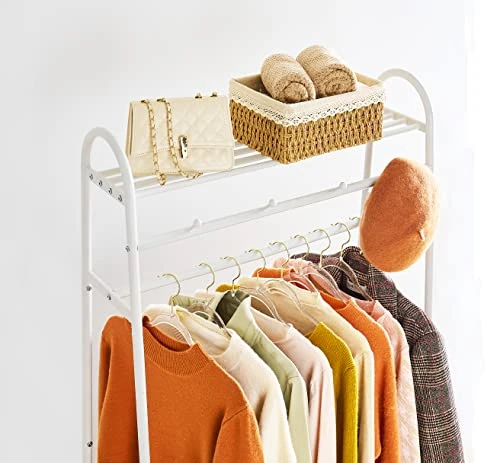 Tajsoon Clothes Rack, Freestanding Clothing Rack With Coat Hook, Metal Garment Rack With 2 Storage Display Shelf, Rustic Brown Wood, White 6 Tajsoon Clothes Rack, Freestanding Clothing Rack With Coat Hook, Metal Garment Rack With 2 Storage Display Shelf, Rustic Brown Wood, White - Image 6