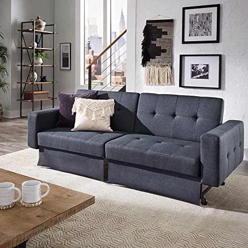 GENERIC 80" Wide Tufted Fabric Convertible Futon Blue Modern Contemporary Solid Metal Polyester Multi-Position 2 GENERIC 80" Wide Tufted Fabric Convertible Futon Blue Modern Contemporary Solid Metal Polyester Multi-Position - Image 2