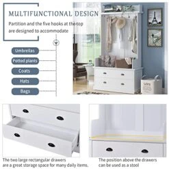 TAVENS Hall Tree With Storage Bench, 3-in-1 Entryway Bench With Coat Rack, Standing Coat Rack With 5 Metal Hooks And 2 Large Drawers For Hallway, Living Room, Mudroom 38.5”W X 15.7”D X 75”H,White 9 TAVENS Hall Tree With Storage Bench, 3-in-1 Entryway Bench With Coat Rack, Standing Coat Rack With 5 Metal Hooks And 2 Large Drawers For Hallway, Living Room, Mudroom 38.5”W X 15.7”D X 75”H,White -Songmics Furniture Shop 513ry80uY1L