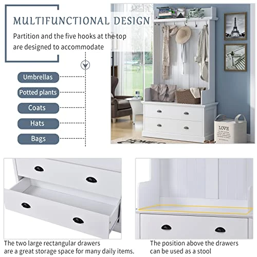 TAVENS Hall Tree With Storage Bench, 3-in-1 Entryway Bench With Coat Rack, Standing Coat Rack With 5 Metal Hooks And 2 Large Drawers For Hallway, Living Room, Mudroom 38.5”W X 15.7”D X 75”H,White 4 TAVENS Hall Tree With Storage Bench, 3-in-1 Entryway Bench With Coat Rack, Standing Coat Rack With 5 Metal Hooks And 2 Large Drawers For Hallway, Living Room, Mudroom 38.5”W X 15.7”D X 75”H,White - Image 4