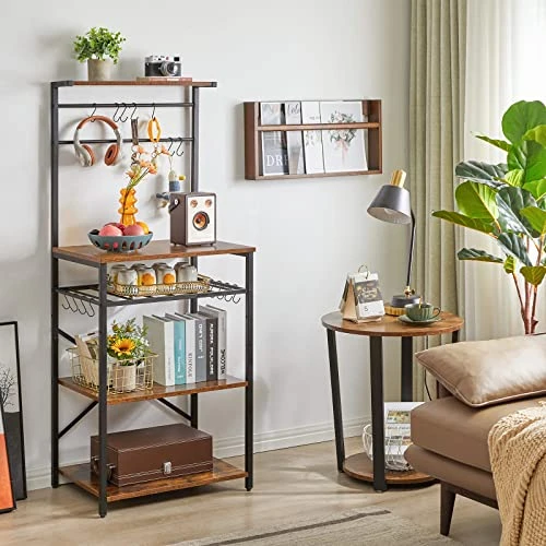 YMYNY Kitchen Baker's Rack, Microwave Oven Stand With Storage Shelves, Industrial Coffee Bar Station, With Adjustable Wine Holders And S-Hooks, Metal Frame, Rustic Brown, 56.3 * 15.7 * 23.2", UHBR001H 3 YMYNY Kitchen Baker's Rack, Microwave Oven Stand With Storage Shelves, Industrial Coffee Bar Station, With Adjustable Wine Holders And S-Hooks, Metal Frame, Rustic Brown, 56.3 * 15.7 * 23.2", UHBR001H - Image 3