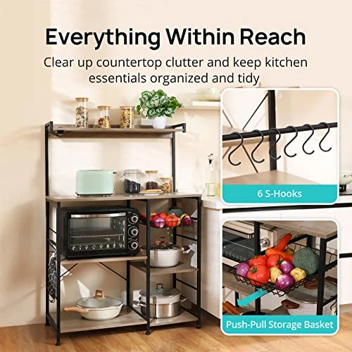 Evajoy Baker’s Rack With Power Outlet, 6-Tier Kitchen Storage Rack, Coffee Bar With Storage Basket, Microwave Oven Stand With 6 S-Hooks, Table Organizer With Top Shelf, For Spices, Pots, Pans 4 Evajoy Baker’s Rack With Power Outlet, 6-Tier Kitchen Storage Rack, Coffee Bar With Storage Basket, Microwave Oven Stand With 6 S-Hooks, Table Organizer With Top Shelf, For Spices, Pots, Pans - Image 4