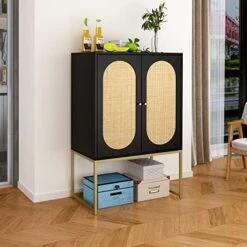 Goujxcy Rattan Accent Storage Cabinet, Farmhouse Wood Sideboard Buffet Cabinet With 2 Doors And Adjustable Shelves, Kitchen Cupboard Server Console Table For Dining Room, Bedroom, Hallway, Black -Songmics Furniture Shop 5149X3ecymL. AC