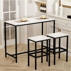 Aklaus 44" Bar Table Set For 2,White Faux Marble Top Bar Table And Chairs Set,Counter Height Bar Table With 2 Stools,3 Piece Bar Table Furniture Set For Breakfest Nook Living Room Small Space