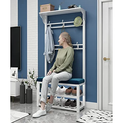 4-in-1 Hall Tree Coat Rack Shoe Bench Hall Tree With Storage Bench Modern Hall Tree With Storage Bench Hall Tree With Bench And Shoe Storage Entryway Hall Tree With Coat Rack (31 In, White + Blue) 2 4-in-1 Hall Tree Coat Rack Shoe Bench Hall Tree With Storage Bench Modern Hall Tree With Storage Bench Hall Tree With Bench And Shoe Storage Entryway Hall Tree With Coat Rack (31 In, White + Blue) - Image 2