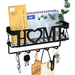 OHOBABY Key Holder For Wall Decorative - Key Rack With 5 Key Hooks, 11.02" L×2.75" W×4.92" H, Key And Mail Organizer Wall Mount With Mesh Basket, Key Hanger For Wall, Entryway, Home Decor(Matte Black)