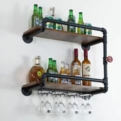 BOTAOYIYI Wine Rack Wall Mounted 2 Tier, Hanging Floating Bar Liquor Shelves With Glass Holder Storage Under, Industrial Rustic Pipe Farmhouse Kitchen Decor Black(35.4x10.6x19.7) -Songmics Furniture Shop 514Pc11UVsL. AC