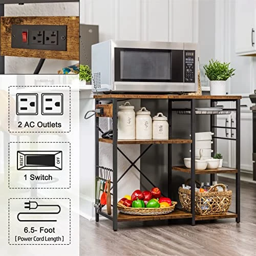SUPERJARE Kitchen Bakers Rack With Power Outlet, Coffee Bar Table Station, Kitchen Microwave Stand With 6 S-Shaped Hooks, Wire Basket, Kitchen Storage Shelf Rack - Rustic Brown 3 SUPERJARE Kitchen Bakers Rack With Power Outlet, Coffee Bar Table Station, Kitchen Microwave Stand With 6 S-Shaped Hooks, Wire Basket, Kitchen Storage Shelf Rack - Rustic Brown - Image 3