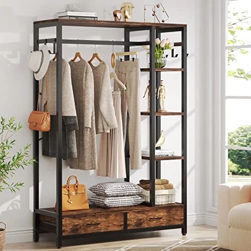 LITTLE TREE Free-standing Closet Organizer, 79" Coat Rack With 2 Drawers, Hall Tree With Hooks And Shelves, Industrial Garment Rack For Entryway, Bedroom, Living Room 2 LITTLE TREE Free-standing Closet Organizer, 79" Coat Rack With 2 Drawers, Hall Tree With Hooks And Shelves, Industrial Garment Rack For Entryway, Bedroom, Living Room - Image 2