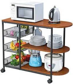 MOAMUN 3-Tier Kitchen Bakers Rack Utility Storage Shelf Microwave Stand Rack With Mesh Storage Basket Shelf For Spice Rack Organizer Workstation (Rustic Brown) -Songmics Furniture Shop 514RKRhThL. AC