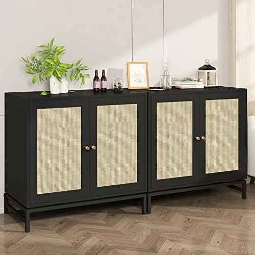 AWQM Sideboard Buffet Cabinet, Accent Storage Cabinet With 2 Rattan Doors, Farmhouse Accent Side Cabinet With Adjustable Shelves,Natural Wood Sideboard Entryway Table For Bar, Dining Room,White 13 AWQM Sideboard Buffet Cabinet, Accent Storage Cabinet With 2 Rattan Doors, Farmhouse Accent Side Cabinet With Adjustable Shelves,Natural Wood Sideboard Entryway Table For Bar, Dining Room,White - Image 13