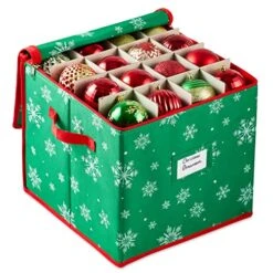 Joiedomi Christmas Ornament Storage Box - Stores Up To 64 Ornaments Balls, Green Snowflake Patterned Ornament Storage Container With Adjustable Dividers, Zippered Closure & Card Slot 13x13x13.5
