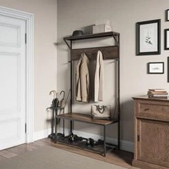 BELLEZE Modern Industrial Bench Hall Tree, Entryway Storage Bench Shoe Rack, Hat And Coat Stand Accent Furniture With Black Metal Frame - Lexie (Rustic Oak) -Songmics Furniture Shop 514YD35igtL. AC