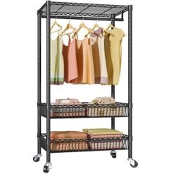 VIPEK R2 Rolling Garment Rack Adjustable Wire Clothing Rack Portable Closet Rack With Hanging Rod Metal Basket Heavy Duty Clothes Drying Rack Laundry Sorter Cart Bathroom Storage Shelves, Black