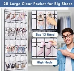 KEETDY 28 Large Clear Over The Door Shoe Rack With Crystal Pockets Hanging Shoe Organizer Storage Shoe Holder For Closet Hanger, White