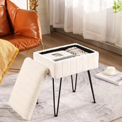 CUYOCA Vanity Stool Ottoman With Storage Bench, Faux Fur Stool For Vanity With Metal Legs, Makeup Chair Vanity Stool For Bedroom Living Room, White -Songmics Furniture Shop 514hPQrXhkL. AC