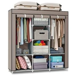 WSNIJFU Portable Closet Wardrobe, Freestanding Closet Organizer With Cover, Non-Woven Fabric Closet Rack With 2 Hanging Rods, Sturdy Spacious Canvas Wardrobe For Bedroom 46.4x17.7x66.5inch Brown