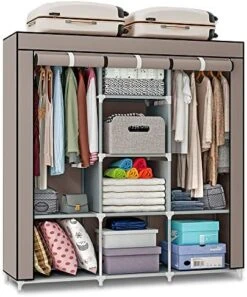 WSNIJFU Portable Closet Wardrobe, Freestanding Closet Organizer With Cover, Non-Woven Fabric Closet Rack With 2 Hanging Rods, Sturdy Spacious Canvas Wardrobe For Bedroom 46.4x17.7x66.5inch Brown -Songmics Furniture Shop 514he6PlvHL. AC