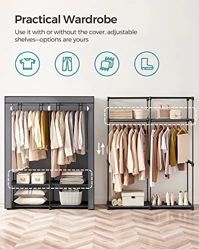 SONGMICS Closet Wardrobe, Portable Closet For Bedroom, Clothes Rail With Non-Woven Fabric Cover, Clothes Storage Organizer, 55.1 X 16.9 X 68.5 Inches, Gray URYG02GY 3 SONGMICS Closet Wardrobe, Portable Closet For Bedroom, Clothes Rail With Non-Woven Fabric Cover, Clothes Storage Organizer, 55.1 X 16.9 X 68.5 Inches, Gray URYG02GY - Image 3