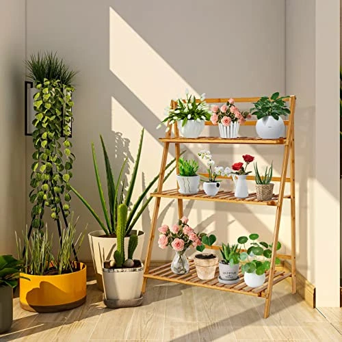 COSTWAY Bamboo Plant Stand, Foldable Multifunctional Flower Display Ladder Shelf, 3-Tier Storage Rack 2 COSTWAY Bamboo Plant Stand, Foldable Multifunctional Flower Display Ladder Shelf, 3-Tier Storage Rack - Image 2
