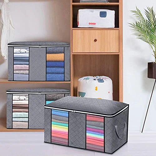 Purjoy 90L Large Storage Bags,6 Pack Closet Organizers And Storage,Clothes Foldable Storage Bins With Reinforced Handles Two Clear Window,Storage Containers For Clothing,Blanket,Comforters,Toys,Bedding(Grey 6Pack) 4 Purjoy 90L Large Storage Bags,6 Pack Closet Organizers And Storage,Clothes Foldable Storage Bins With Reinforced Handles Two Clear Window,Storage Containers For Clothing,Blanket,Comforters,Toys,Bedding(Grey 6Pack) - Image 4