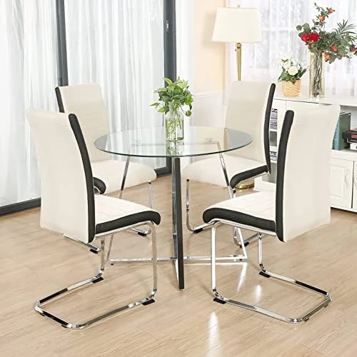 Bacyion Dining Table Set For 4 Person - Tempered Glass Table And PU Leather Chairs -Modern Kitchen Table And Chairs Set For Home, Kitchen, Living Room, Breakfast Nook (White) 7 Bacyion Dining Table Set For 4 Person - Tempered Glass Table And PU Leather Chairs -Modern Kitchen Table And Chairs Set For Home, Kitchen, Living Room, Breakfast Nook (White) - Image 7
