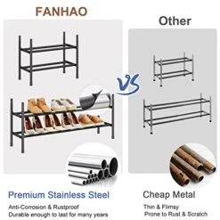 FANHAO 2-Tier Expandable Shoe Rack, Stackable And Adjustable Shoes Organizer Storage Shelf For Closet Entryway, 100% Stainless Steel Sturdy Shoe Shelf, Matte Black -Songmics Furniture Shop 514yzciwprL