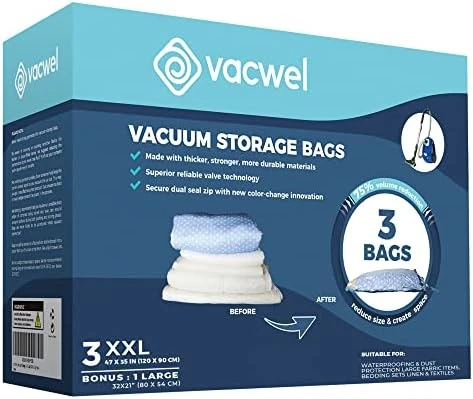 Vacwel 3-Pack XXL - Vacuum Storage Bags - Space Saver Bags For Clothes Storage – XL Comforters - Mattress Topper - Blanket Storage – Vacuum Sealer Bags – Ziplock Sealed - 3x XXL Bags (47x35in) - Bonus 1x Large Bag (32x21in) 10 Vacwel 3-Pack XXL - Vacuum Storage Bags - Space Saver Bags For Clothes Storage – XL Comforters - Mattress Topper - Blanket Storage – Vacuum Sealer Bags – Ziplock Sealed - 3x XXL Bags (47x35in) - Bonus 1x Large Bag (32x21in) - Image 10