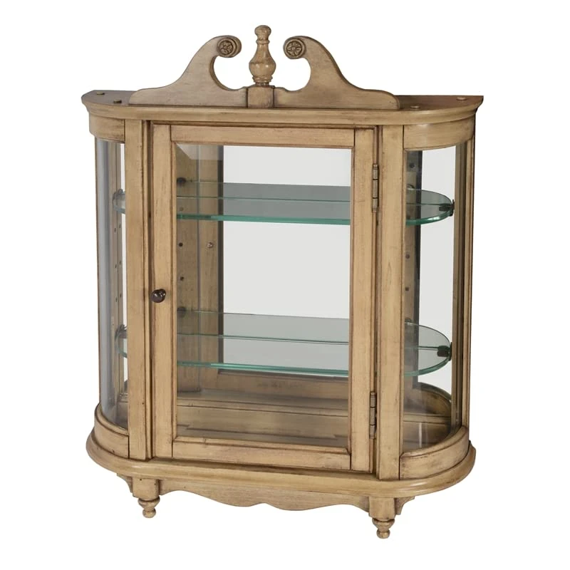 BOWERY HILL Traditional Wood Wall Curio With 2 Adjustale Glass Shelves In Beige 1 BOWERY HILL Traditional Wood Wall Curio With 2 Adjustale Glass Shelves In Beige